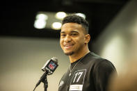 Tua Tagovailoa talks to the media at the NFL Scouting Combine on Tuesday, Feb. 25, 2020 in Indianapolis. (Detroit Lions via AP)