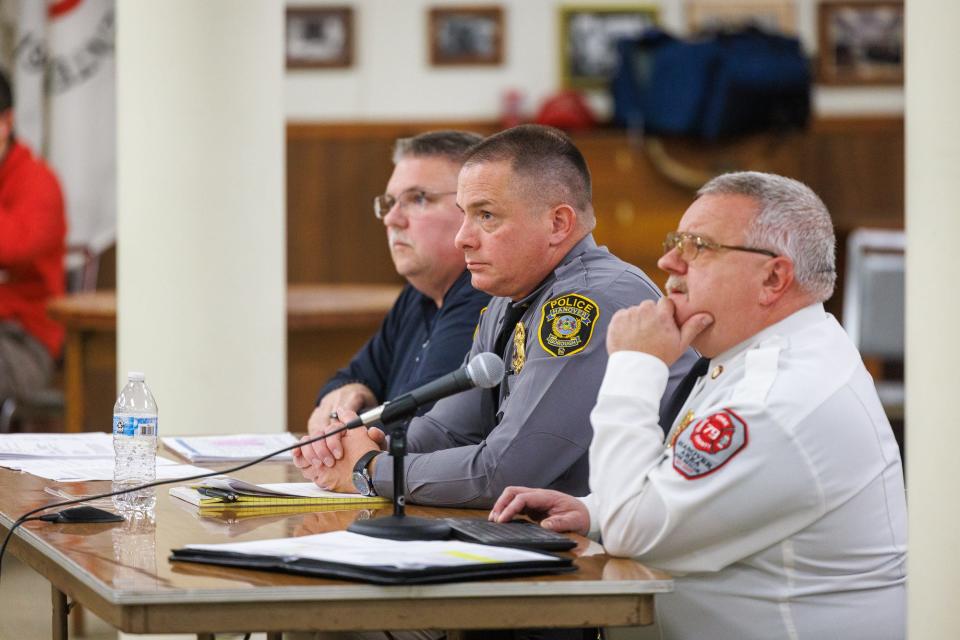 Hanover Chief Codes Officer Chris Miller, Hanover Borough Police Lieutenant Joseph Bunty, and Hanover Area Fire & Rescue chief Tony Clousher speak during the November meeting of the Hanover Borough Finance Committee, Wednesday, Nov. 15, 2023, in Hanover.