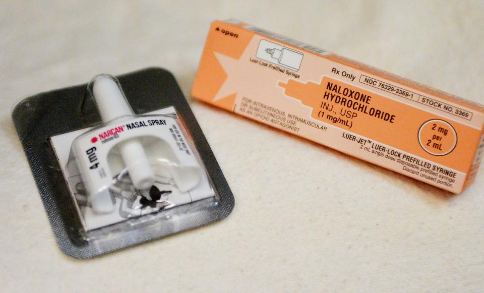 Emergycare personnel in Erie show two types of Narcan, given to patients to take away, left, and that which is commonly used by EmergyCare personnel.