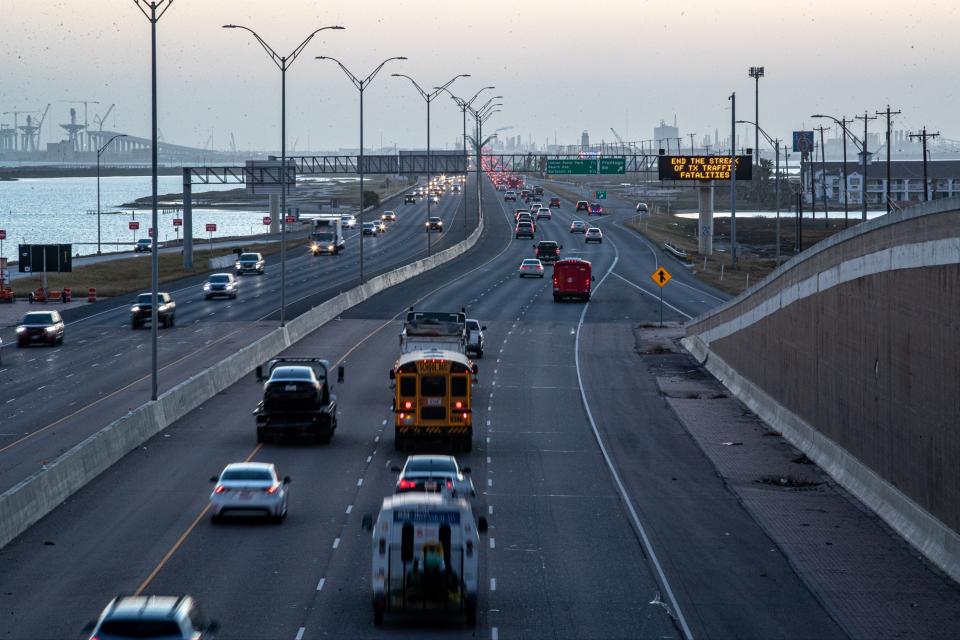 Traffic builds near the Highway 181 access road as the Corpus Christi Police Department arrested Phillip Cheatham, 42, on suspicion of murder, on Friday, Jan. 6, 2023.