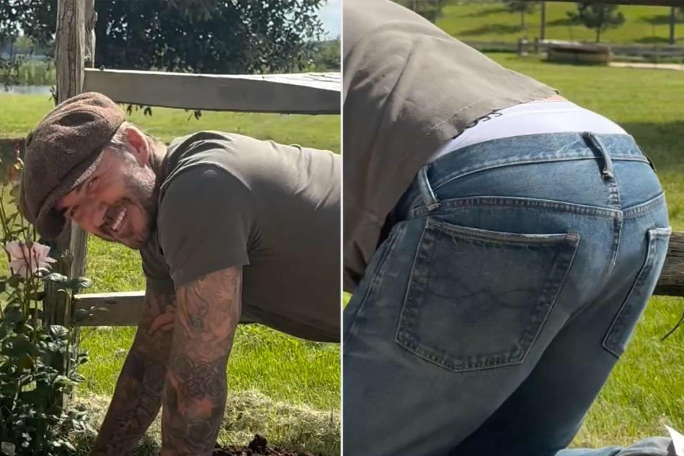 <p>Victoria Beckham/Instagram</p> David Beckham gardening in a video shared by his wife, Victoria
