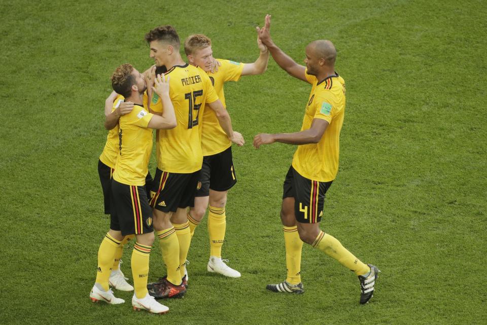 <p>Belgium’s players celebrate their side’s second goal during the third place match between England and Belgium at the 2018 soccer World Cup in the St. Petersburg Stadium in St. Petersburg, Russia, Saturday, July 14, 2018. (AP Photo/Dmitri Lovetsky) </p>