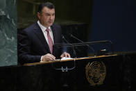 Prime Minister for Tajikistan Qohir Rasulzoda addresses the 74th session of the United Nations General Assembly, Friday, Sept. 27, 2019, at the United Nations headquarters. (AP Photo/Frank Franklin II)