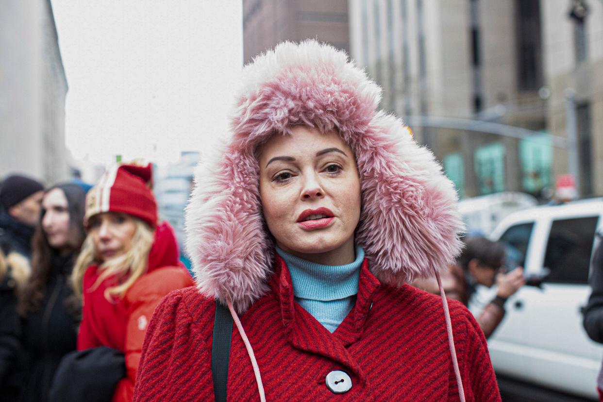 <p>File image: Actor Rose McGowan, who has accused Harvey Weinstein of rape, attends a press conference outside court on 6 January, 2020</p> (Getty Images)