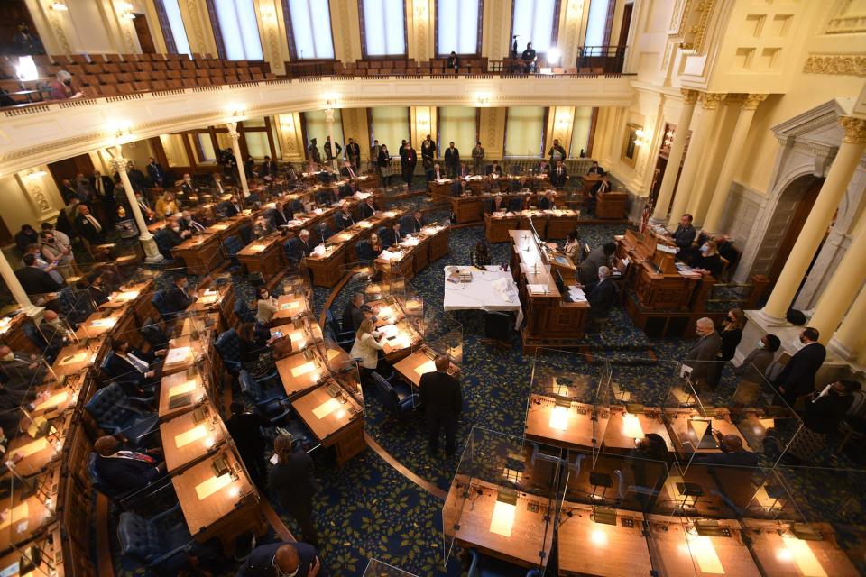 Assembly Speaker Craig J. Coughlin leads the sessions  at the General Assembly Chamber in the Statehouse in Trenton on 12/02/21.  