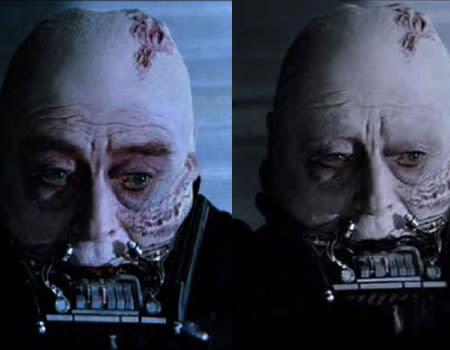 If anyone loves CGI, its George Lucas, who tinkered with his classic space yarn several times. For the 2004 DVD re-release of the original ‘Star Wars’ trilogy nothing was sacred… even eyebrows. In the scene where Luke unmasks his dying father at the end of ‘Return of The Jedi’, Darth Vader actor Sebastian Shaw had his eyebrows removed to match Hayden Christensen’s burns injuries in ‘Revenge of the Sith.’