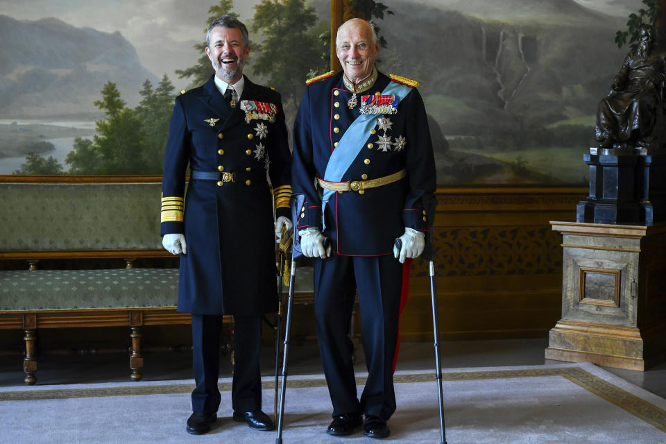 King Frederik of Denmark, left, and King Harald of Norway pose for a photo in the Bird Room at the Palace in Oslo, Norway, Tuesday, May 14, 2024. (Rodrigo Freitas, Pool Photo via AP)