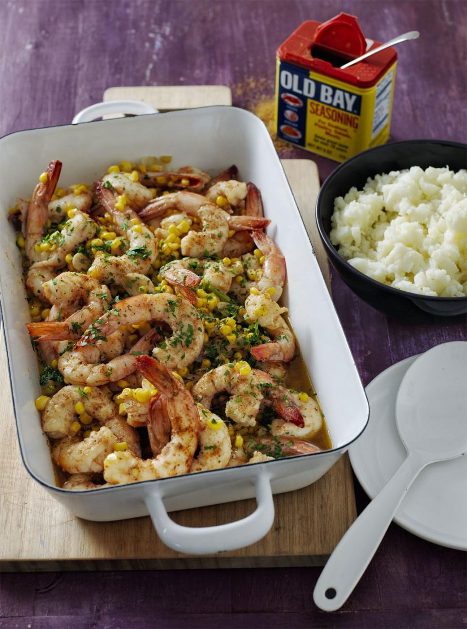 Roasted Old Bay Shrimp Scampi and Smashed Potatoes