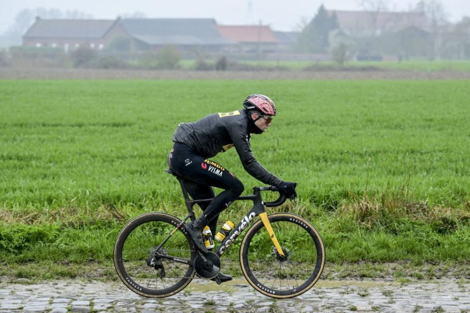 Belgian Wout van Aert of Team JumboVisma pictured in action during the reconnaissance of the track ahead of this years ParisRoubaix cycling race Thursday 06 April 2023 around Roubaix France The ParisRoubaix cycling race will take place on Sunday 09 April BELGA PHOTO DIRK WAEM Photo by DIRK WAEM  BELGA MAG  Belga via AFP Photo by DIRK WAEMBELGA MAGAFP via Getty Images