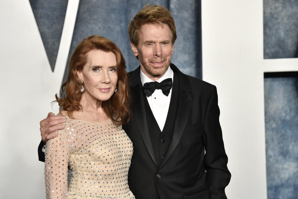 Linda Bruckheimer, left, and Jerry Bruckheimer arrive at the Vanity Fair Oscar Party on Sunday, March 12, 2023, at the Wallis Annenberg Center for the Performing Arts in Beverly Hills, Calif. (Photo by Evan Agostini/Invision/AP)