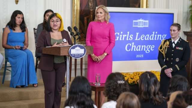 First lady Jill Biden listens as Jazmin Cazares, of Uvalde, Texas, talks about her efforts to reduce gun violence .