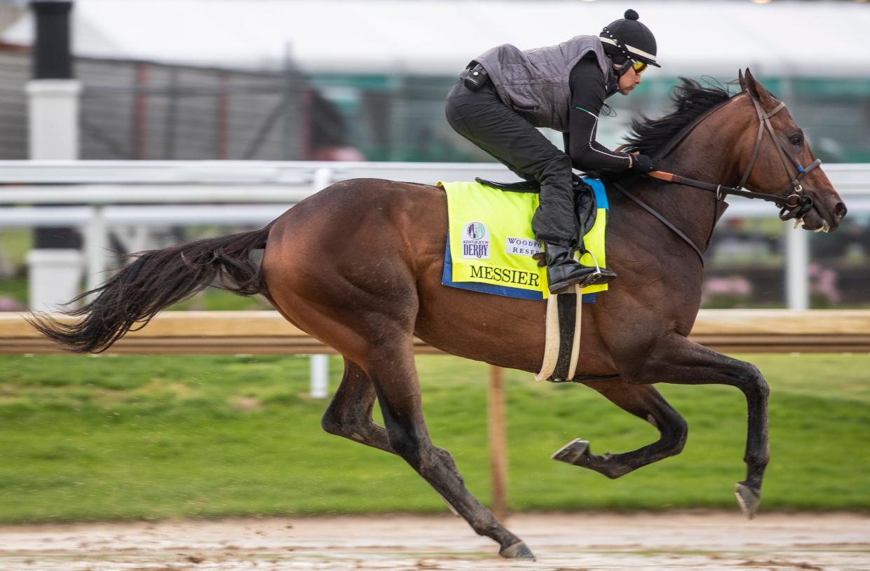 Kentucky Derby hopeful Messier galloped at Churchill Downs. the former Bob Baffert trainee is now under the care of Tim Yakteen.  May 3, 2022