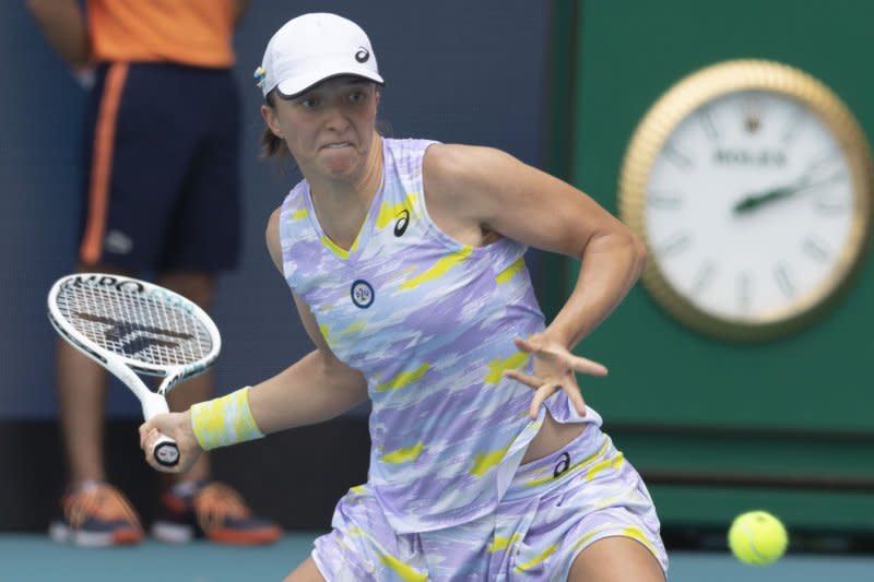 No. 1 Iga Swiatek from Poland will be the top women's player in action Monday night at the 2024 Miami Open. File Photo by Gary I Rothstein/UPI