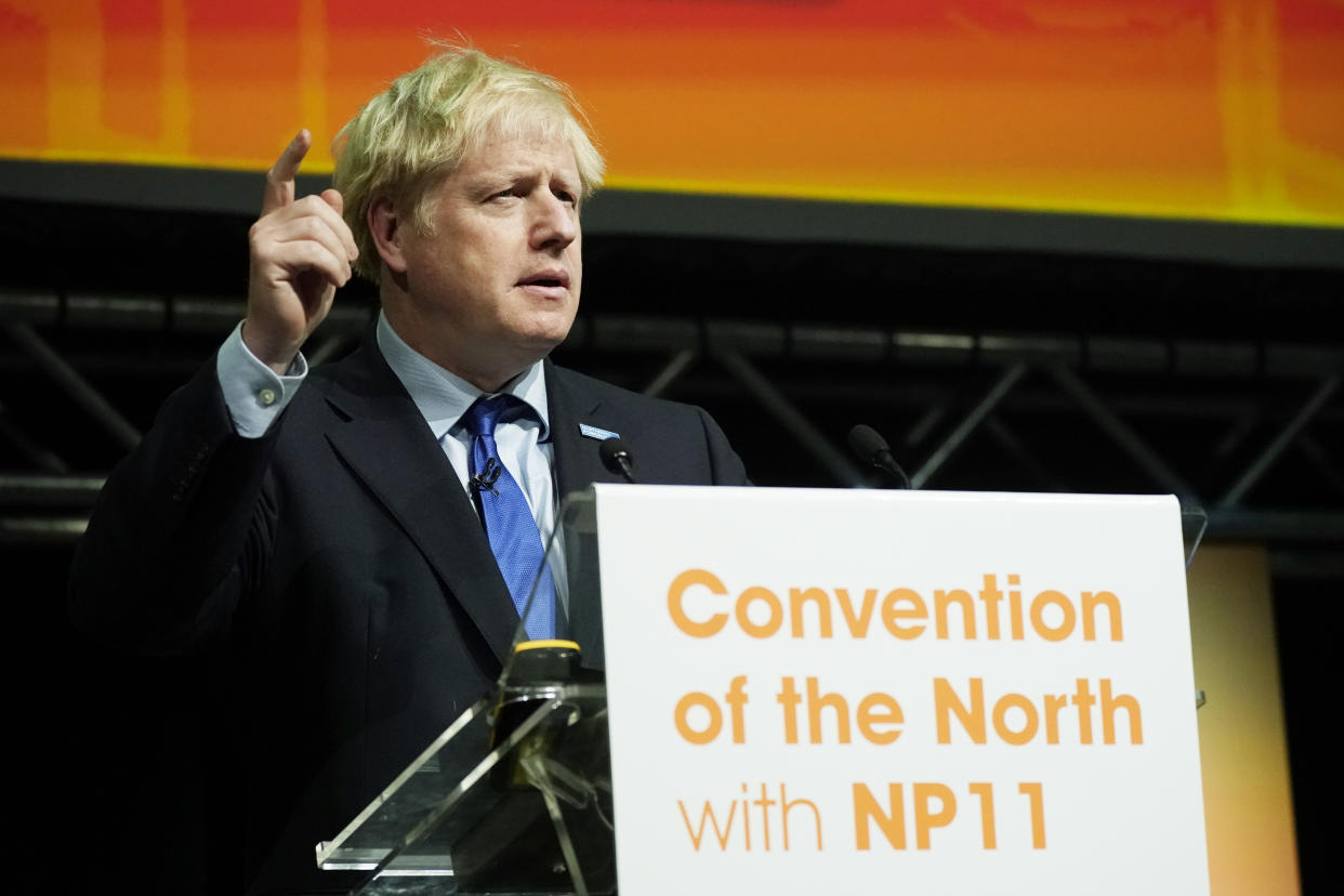 Prime Minister Boris Johnson makes a speech at the Convention of the North at the Magna Centre in Rotherham.