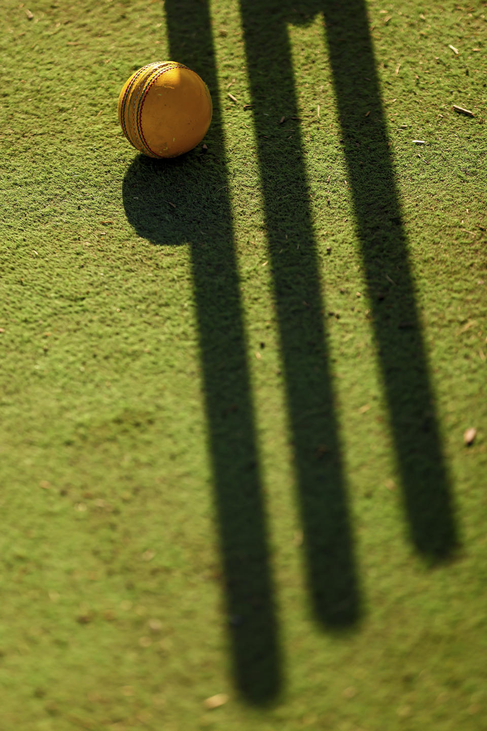 A ball sits near the wicket during a match between the Dallas Cricket Connections and the Kingswood Cricket Club on a field adjacent to Roach Middle School in Frisco, Texas, Saturday, Oct. 22, 2022. The teams play in the City of Frisco Cricket league. (AP Photo/Andy Jacobsohn)