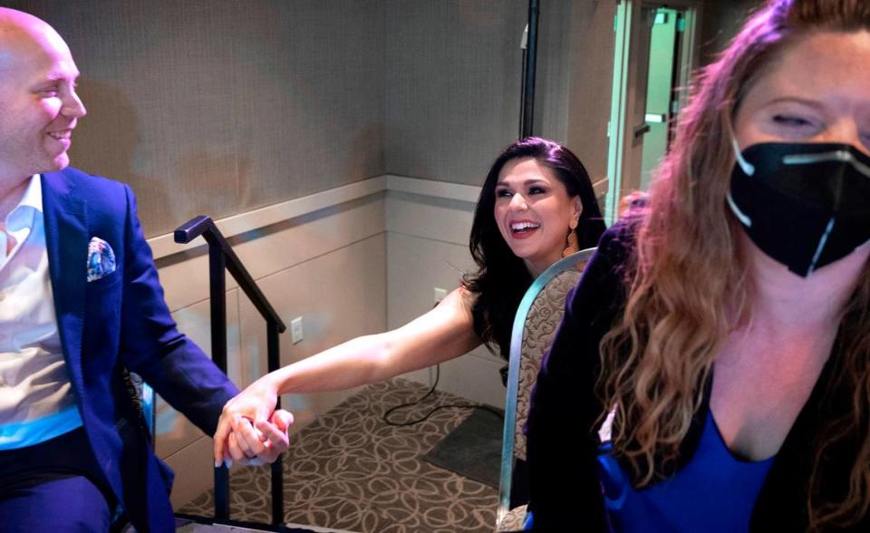 Alexandra Arrieche thanks Olympia Symphony Orchestra members after being announced as the new music director for the Olympia Symphony Orchestra during their fundraising gala at Indian Summer Golf & Country Club in Olympia, Washington on Friday, June 24, 2022.