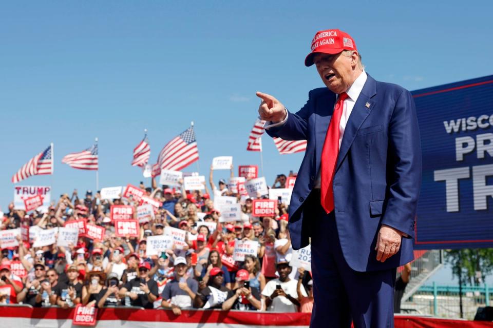 Donald Trump speaks to supporters in Wisconsin on June 19.  He called Joe Biden’s student debt relief plans ‘vile’ and suggested they would be ‘rebuked’ in court. (AP)