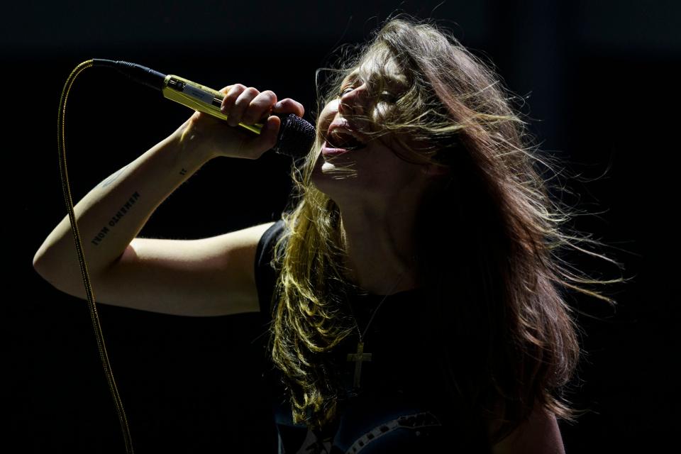 Rebecca Lovell of Larkin Poe sings an encore song during the 30th W.C. Handy Blues and Barbecue Festival held in Audubon Mill Park in Downtown Henderson, Ky., Friday, June 18, 2021. 