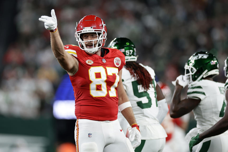 Kansas City Chiefs tight end Travis Kelce (87) reacts against the New York Jets during an NFL football game Sunday, Oct. 1, 2023, in East Rutherford, N.J. (AP Photo/Adam Hunger)