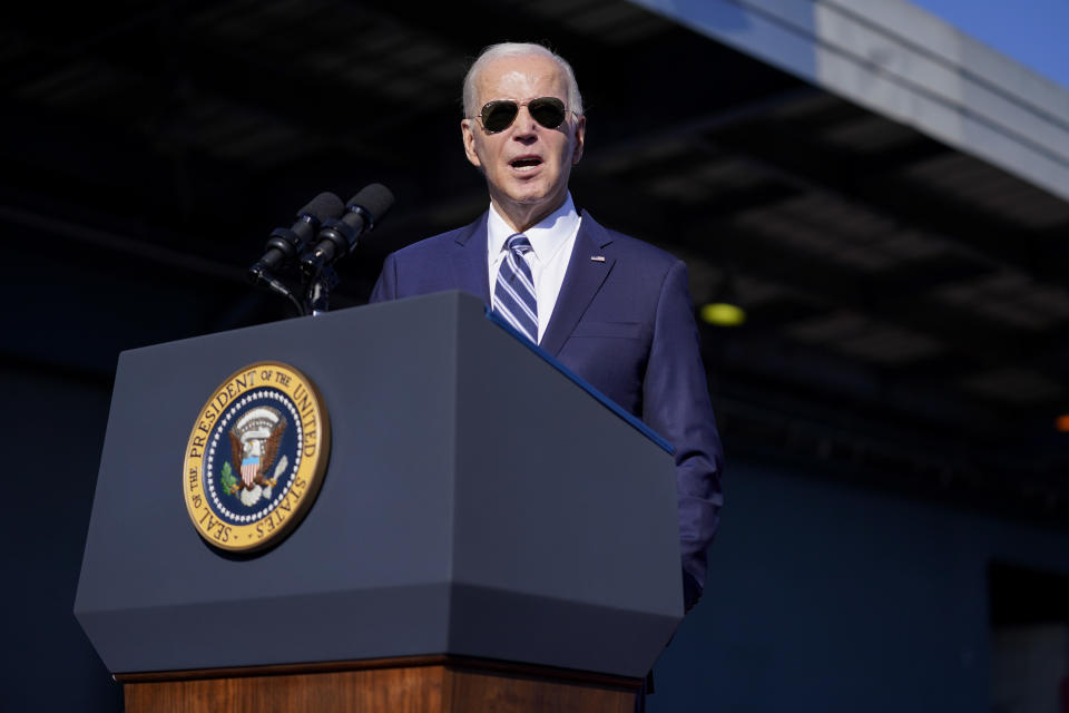 President Joe Biden delivers remarks on clean energy at Tioga Marine Terminal, Friday, Oct. 13, 2023, in Philadelphia. (AP Photo/Evan Vucci)