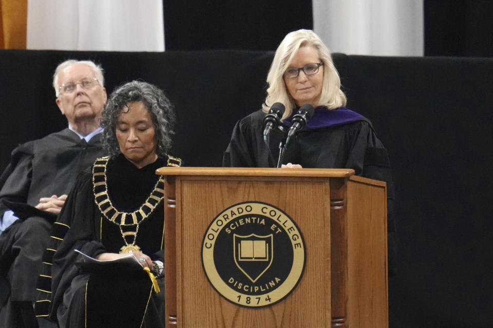 Former U.S. Rep. Liz Cheney, R-Wyo., delivers the commencement address at Colorado College, Sunday, May 28, 2023, in Colorado Springs, Colo. (AP Photo/Jack Dempsey)