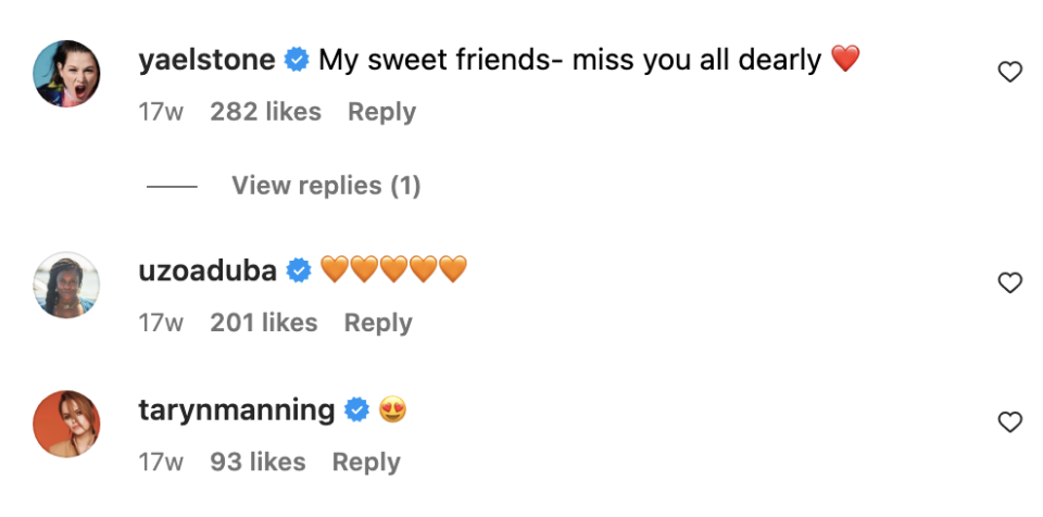 Yael Stone's IG comment: "My sweet friends, miss you all dearly," with hearts and heart eyes emoji responses from Uzo Aduba and Taryn Manning