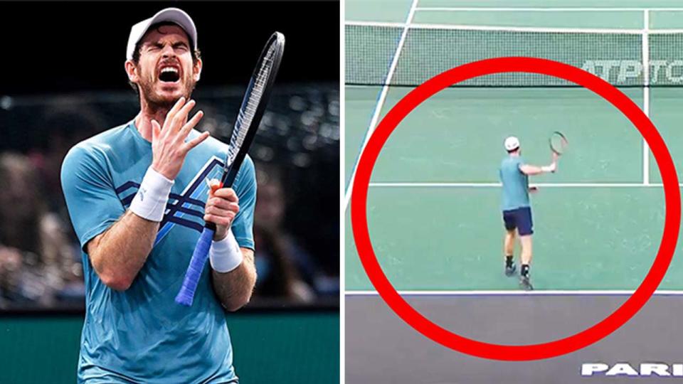 Andy Murray (pictured left) getting angry and (pictured right) after his loss in the Paris Masters.