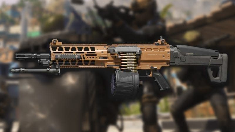 The TAQ Evolvere LMG is super imposed over a blurry image of soldiers taking aim.