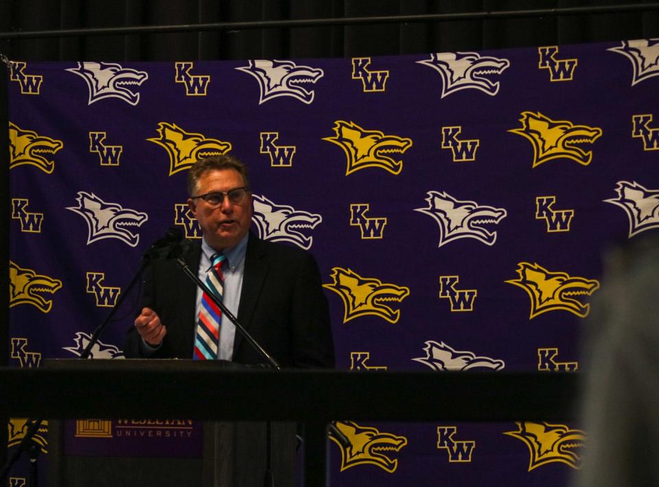 Kansas Secretary of Agriculture Mike Beam discusses the future of agriculture at Kansas Wesleyan Aug. 2. Beam was in attendance for the announcement of a $1.5 million gift to the university.