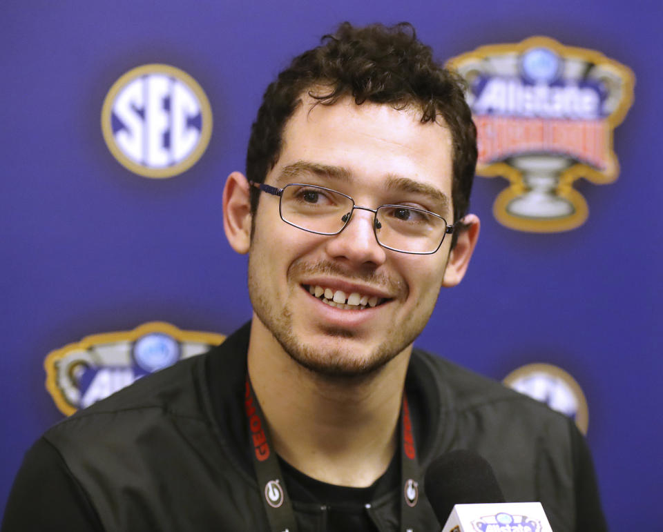 FILE - In this Dec. 29, 2019, file photo, Georgia place kicker Rodrigo Blankenship takes questions from the media during a news conference for the Sugar Bowl NCAA college football game in New Orleans. The Indianapolis Colts now have two kickers under contract for next season while the NFL's career scoring leader, Adam Vinatieri, remains a free agent. On Wednesday, April 29, 2020, team officials announced they had signed 10 undrafted rookies including Rodrigo Blankenship of Georgia, one of last season's top college kickers. (Curtis Compton/Atlanta Journal-Constitution via AP, File)/Atlanta Journal-Constitution via AP)