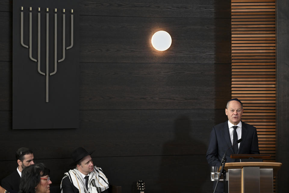 German Chancellor Olaf Scholz speaks during the inauguration of the newly built synagogue in Dessau, Germany, Sunday, Oct. 22, 2023. Scholz said Germany will do everything to protect and strengthen Jewish life in his remarks at the inauguration of the Weill Synagogue in Dessau. (Hendrik Schmidt/Pool Photo via AP)