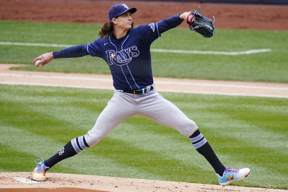 Tampa Bay Rays' Tyler Glasnow (20) delivers a pitch during the first inning of a baseball game against the New York Yankees Saturday, April 17, 2021, in New York.(AP Photo/Frank Franklin II)