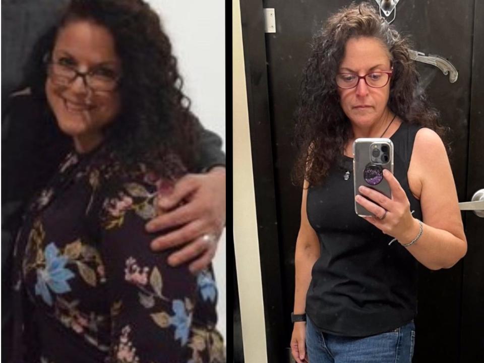 An image of a woman in glasses and a flowered dress, next to an image of the same woman wearing a sleeveless shirt and jeans taking a mirror selfie