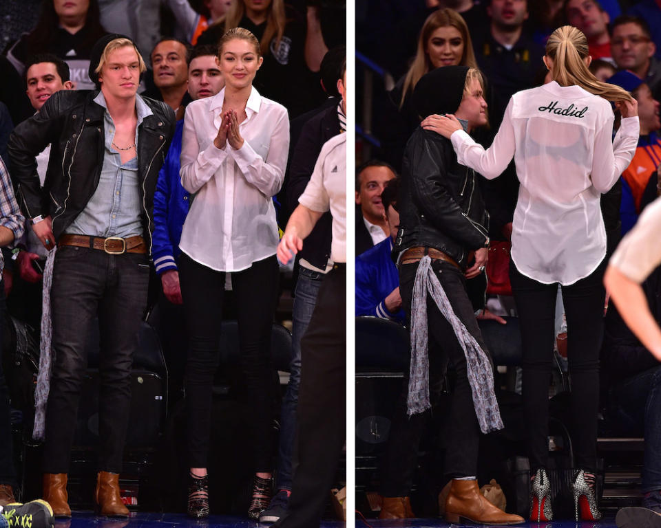 Taking obvious inspiration from the setting, Gigi Hadid wore a sheer white button down shirt with her last name embroidered on the back. But the detailing is where the sports influence in her outfit stopped. She completed the look with black pants and Louboutin heels not even made for walking. Her boyfriend, singer Cody Simpson, also didn’t dress for the occasion, instead mixing Jimi Hendrix with Harry Styles in Chelsea boots, a leather jacket, and beanie.