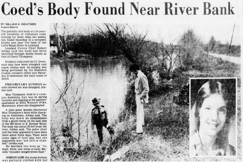 Cheryl Thompson’s body was found along the bank of the Little Miami River in 1978. Prosecutors charged a man in connection with her death on Thursday.