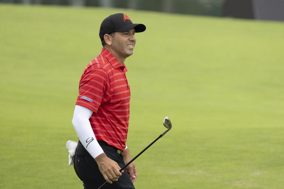 Captain Sergio Garcia looks on from the 18th fairway during the final round of LIV Golf Singapore at the Sentosa Golf Club on Sentosa Island in Singapore on Sunday, April 30, 2023. (Scott Taetsch/LIV Golf via AP)