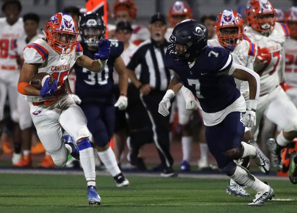 Canutillo's Rene Huerta (15)  at a high school football game against Del Valle on Friday, Sept. 16, 2022, at Del Valle High School in El Paso, Texas.