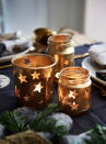 <p>Recycle jars into Christmas lanterns. </p><p><strong>1.</strong> Clean thoroughly, ensuring the label and glue are completely removed. </p><p><strong>2. </strong>Cover with star-shaped stickers.</p><p><strong>3.</strong> Spray paint, then, once dry, remove the stickers and place a<br><br>tealight inside. </p><p>Stickers, from a selection, <a rel="nofollow noopener" href="http://www.hobbycraft.co.uk/advancedsearchresults.aspx?query=stickers" target="_blank" data-ylk="slk:Hobbycraft;elm:context_link;itc:0;sec:content-canvas" class="link ">Hobbycraft</a>. Brass spray paint, from a selection, <a rel="nofollow noopener" href="http://plasti-kote.co.uk/" target="_blank" data-ylk="slk:Plastikote;elm:context_link;itc:0;sec:content-canvas" class="link ">Plastikote</a>.</p>