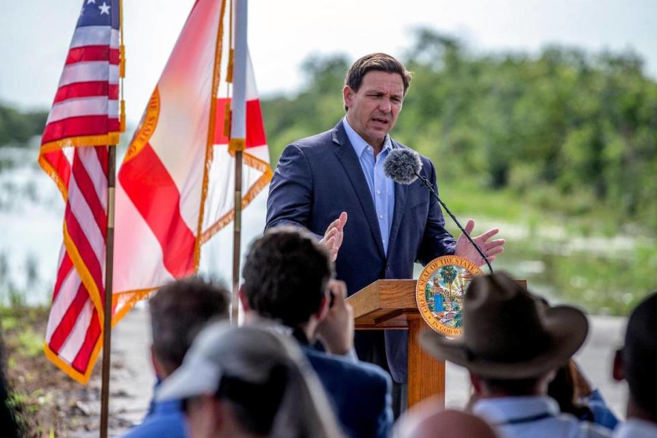 Governor Ron DeSantis announces the completion of the old Tamiami Trail roadbed removal in the Florida Everglades on Tuesday, August 3, 2021. The historic roadbed acted as a dam and prevented sheet flow of water from the central Everglades into Everglades National Park.