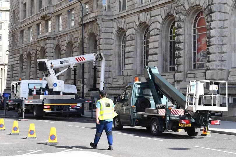 Film and TV vehicles outside the Cunard Building,on the closed off Water Street., 2023