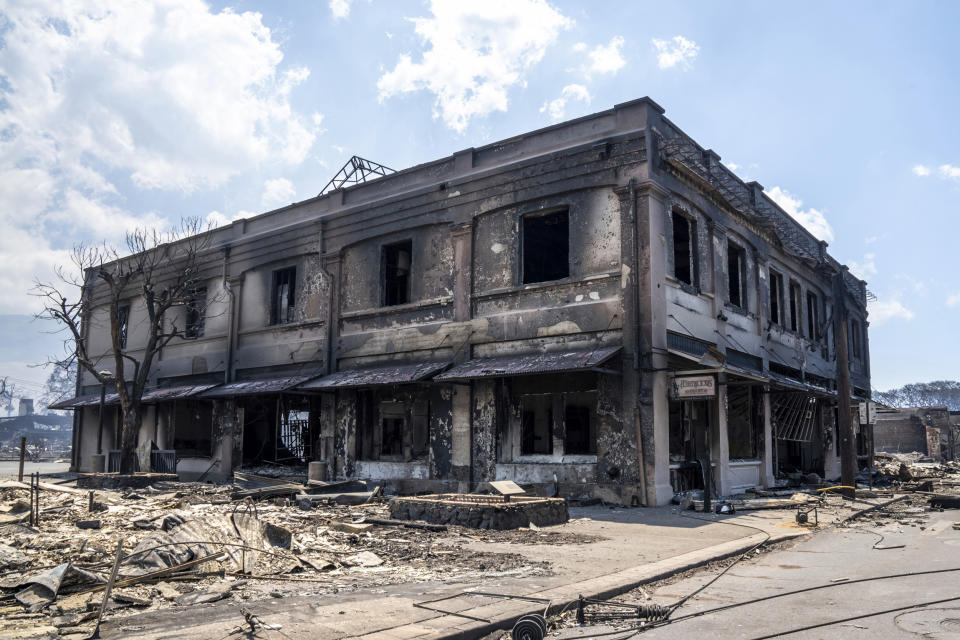 Destroyed buildings in Lahaina on Aug. 9, 2023. (Tiffany Kidder Winn via AP)