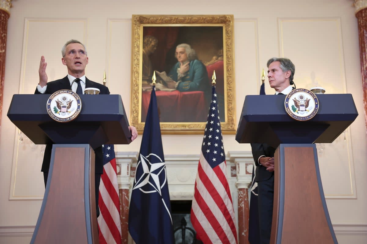 Nato secretary-general Jens Stoltenberg, left, and US Secretary of State Antony Blinken hold a joint press conference in Washington DC on 8 February. (Getty Images)