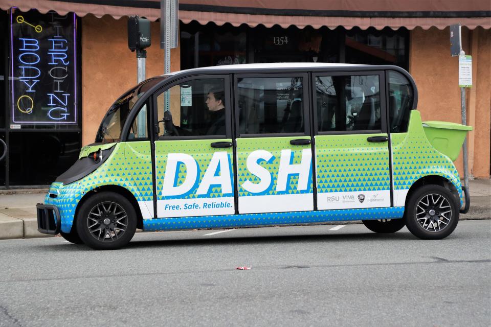 DASH, the Downtown Area Shuttle, travels along Market Street in downtown Redding on Wednesday, Feb. 3, 2021. The city offered the electric shuttle service from parking lots to downtown locations Monday through Friday but discontinued service in April because of poor ridership.
