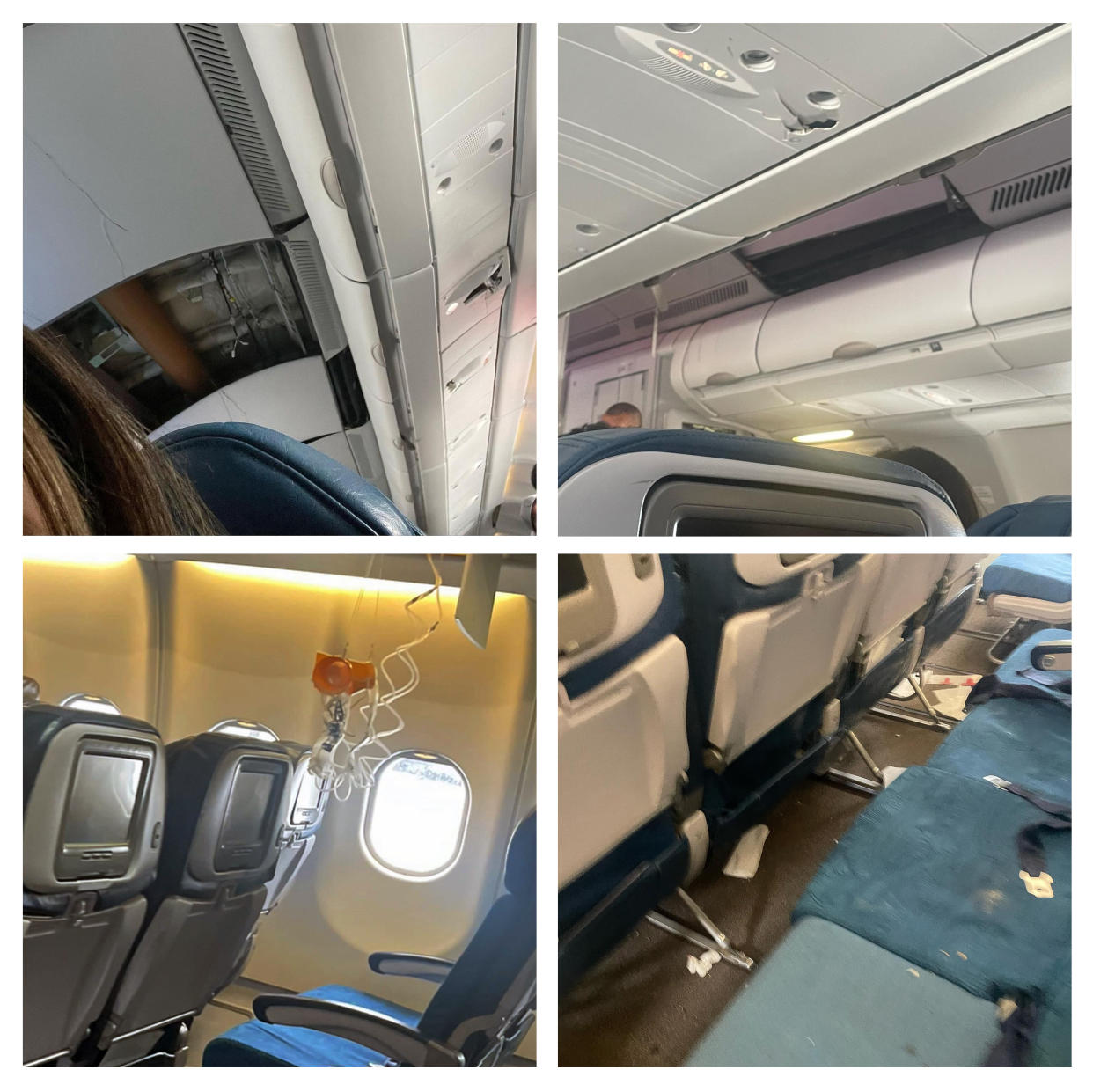 Interior photos of the plane show ceiling missing panels, wires falling to the floor, and debris on the ground in front of a passenger seat.