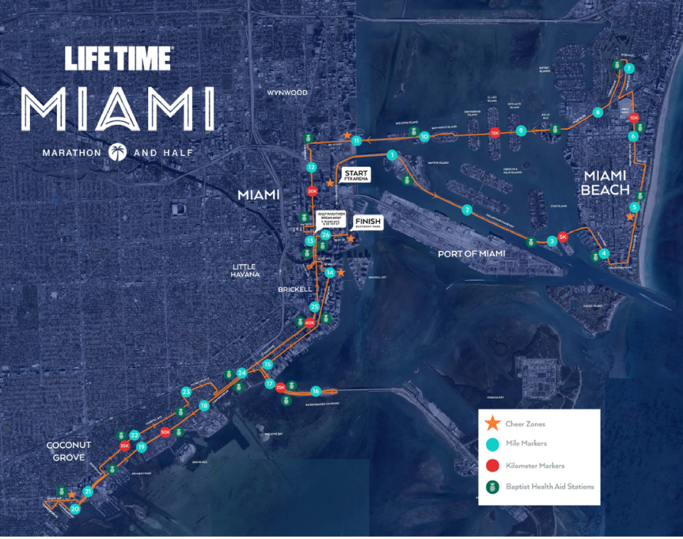 El recorrido de la carrera en Miami, Miami Beach y Coconut Grove para el Life Time Miami Marathon and Half Marathon, previsto para el 29 de enero de 2023.