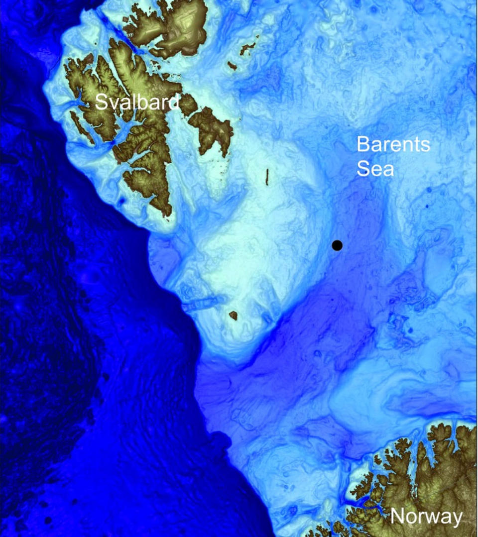 he site of the craters is in the Bear Island Trough (Bjørnøyrenna) in the Barents Sea near Svalbard. <cite>K. Andreassen/CAGE</cite>