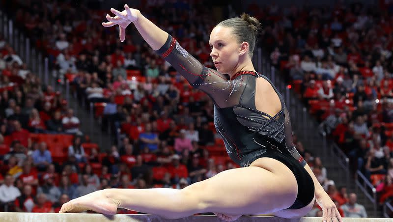 Utah’s Maile O’Keefe does a 10.0 beam routine as the Utah Red Rocks compete against Oregon State in a gymnastics meet at the Huntsman Center in Salt Lake City on Friday, Feb. 2, 2024. Utah won.