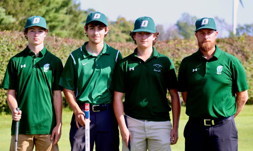 Oakmont golf captains, from left, Max Doane, Owen Raymond and Colin O’Neil, with coach Tim Caouette.