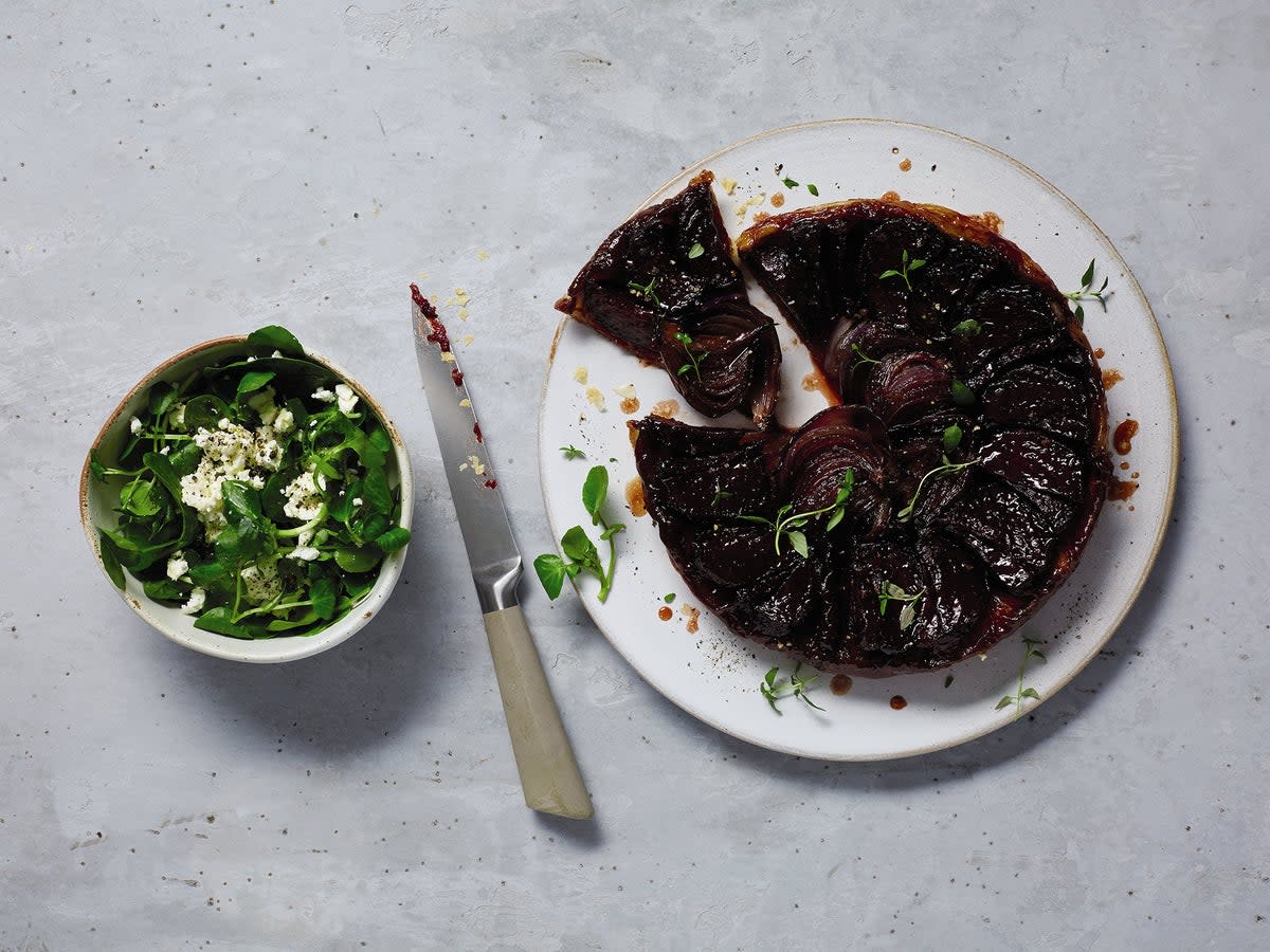 A classic French tarte tatin with roasted onion and beetroot (Aldi)