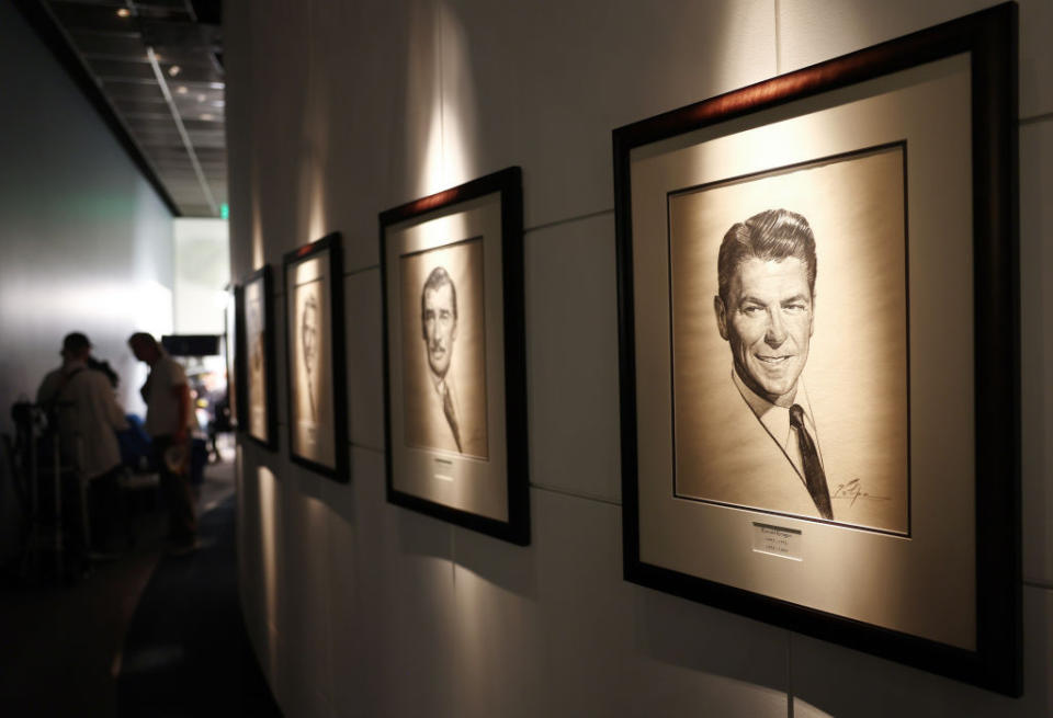 A portrait of former SAG-AFTRA President Ronald Reagan hangs in SAG-AFTRA headquarters after a press conference announcing their strike against Hollywood studios on July 13, 2023 in Los Angeles, California.<span class="copyright">Mario Tama—Getty Images</span>